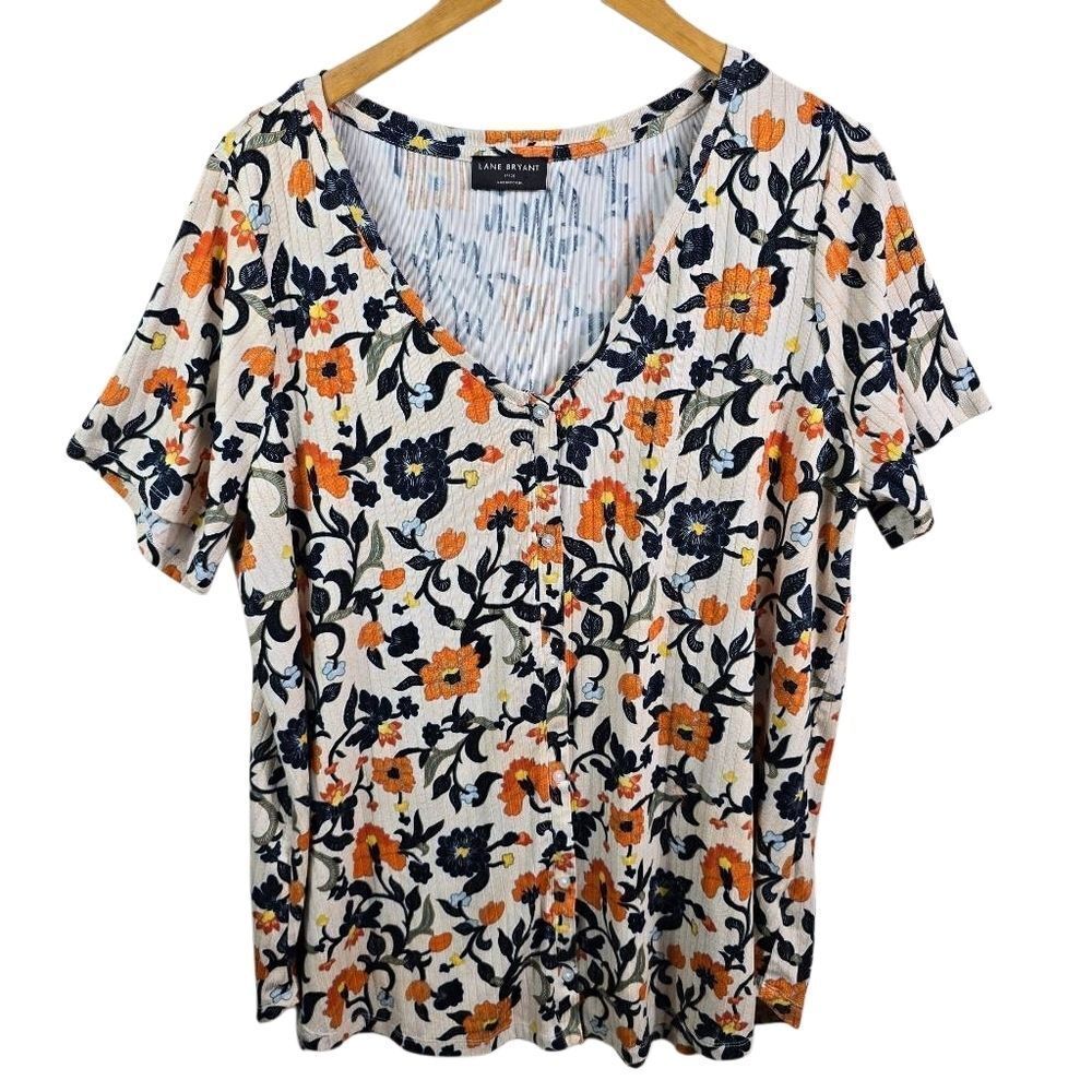 Lane Bryant Floral V-Neck Tee - Orange and Black
